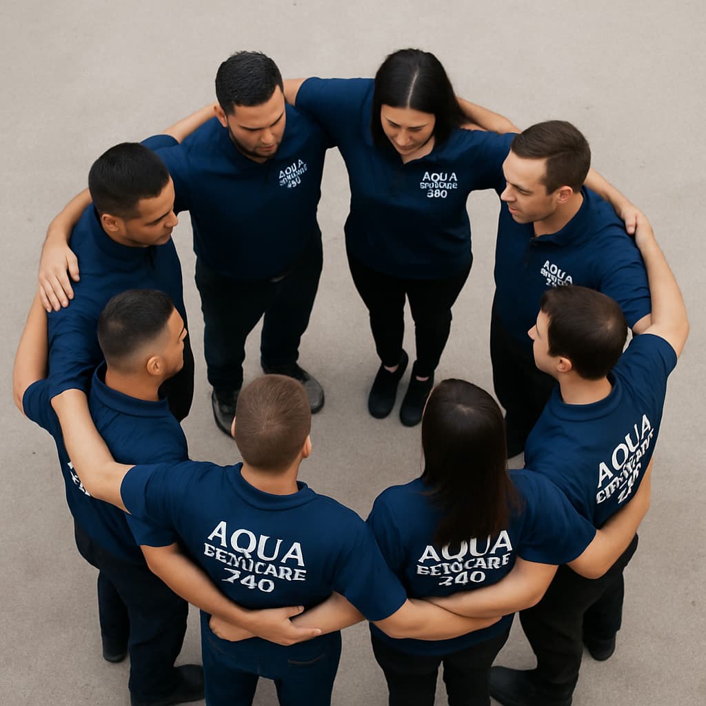 AQUARESTOREPRO employees speaking with business owner in lobby